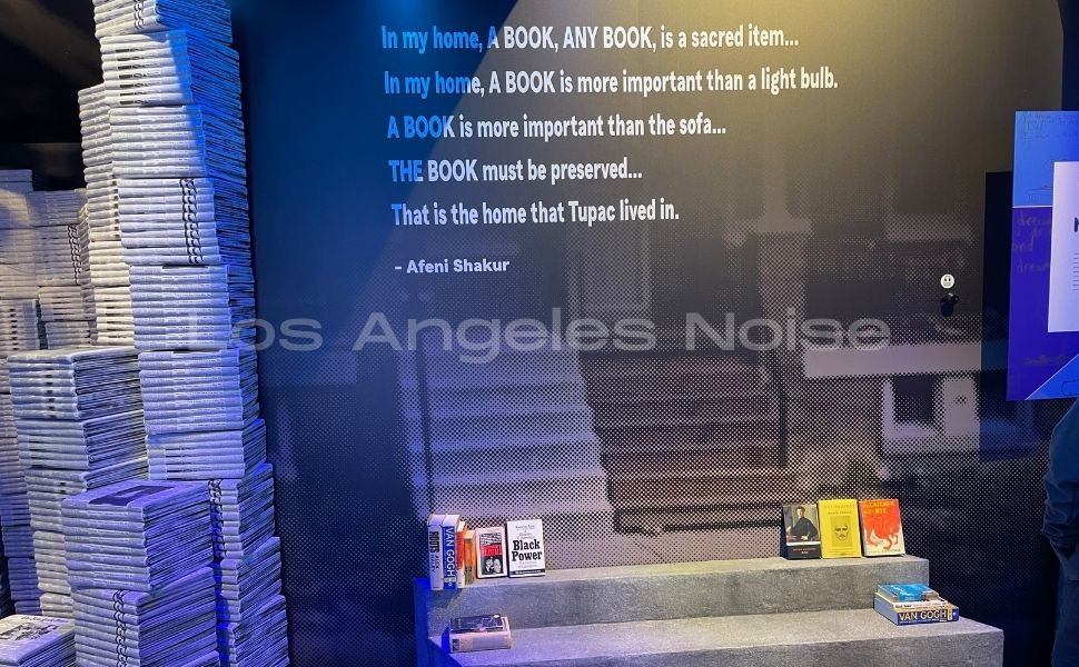 Model steps and street lamp with Afeni Shakur quote reading A book, any book is a sacred item